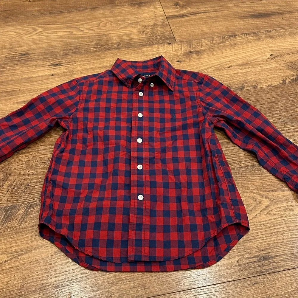 Ralph Lauren Boys Buffalo Plaid Button Down Shirt 4T Red Navy Cotton Pony Logo